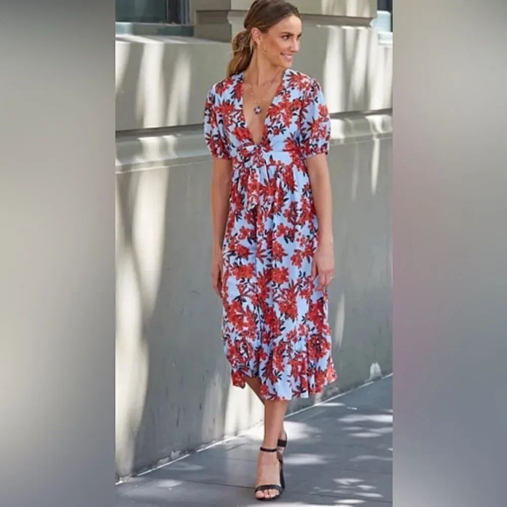 Talulah Red Floral Silk Blend Midi Dress Size Small